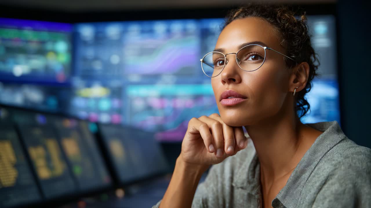 Focused professional woman in glasses contemplating data analytics in a modern workspace with digital screens displaying various charts and graphs