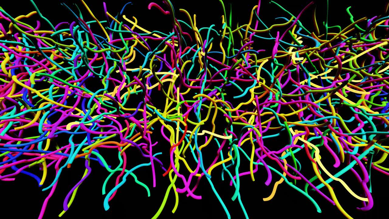 3d 추상적인 루프 배경: 네온 빛, 특이한 모양의 불빛 전구의 다채로운 플래시, 구부러진 선이 밝게 박이는, vj 루프 모션 디자인.