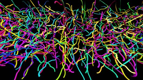 3d astratto sfondo a anello con luce al neon, lampi multicolori di lampadine di forme insolite. linee curve lampeggiano luminose. vj loop motion design bg.