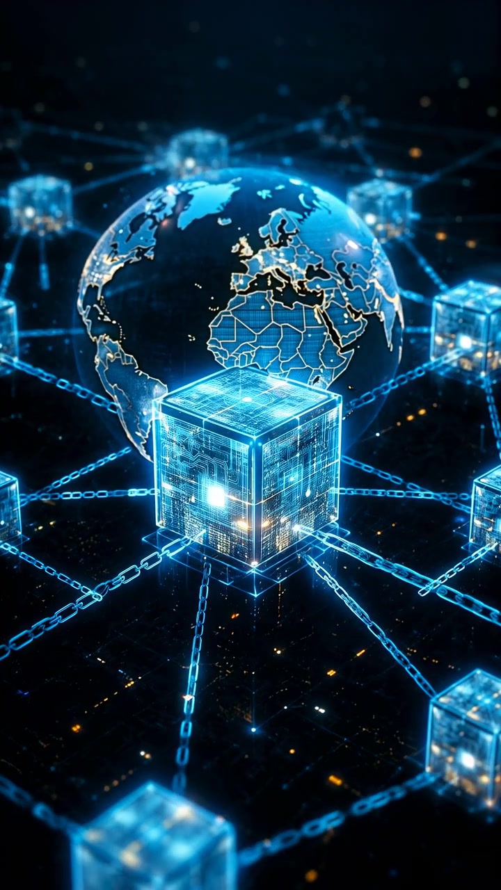 Centreret digital globus med prikket kontinentnet og bylys-højdepunkter sidder bag gennemsigtige kubeknuder forbundet af oplyste links på tværs af et mørkt gitterplan, der skaber et futuristisk cybernetværk