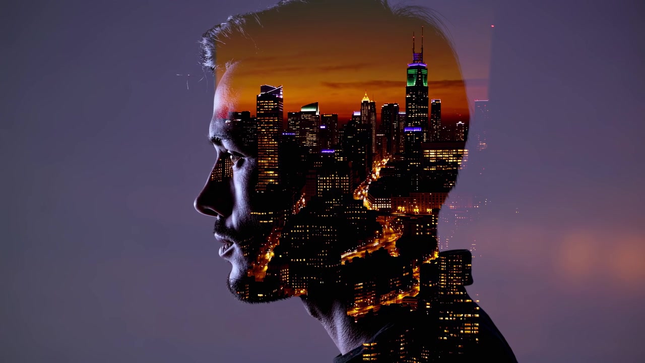 Creative Double Exposure of Man's Head and Urban Cityscape at Dusk