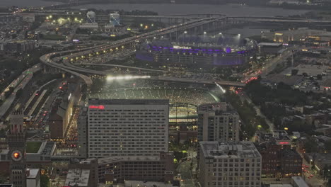 aerial view of fenway park and gillette stadium at night