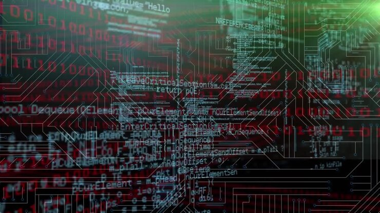 Animation of data processing over glowing computer circuit board