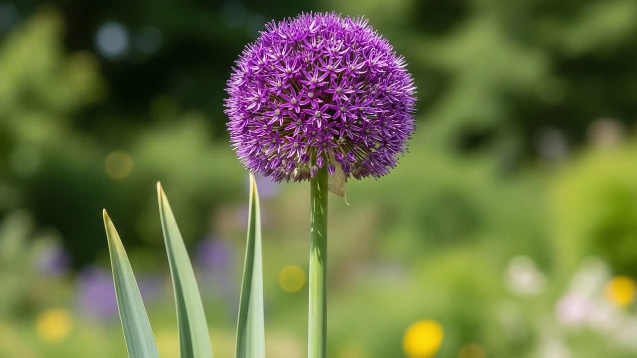 Vibrant Allium Flower in Full Bloom: A Close-Up of Nature's Beauty with a Stunning Purple Sphere Surrounded by Lush Greenery and Blurred Background