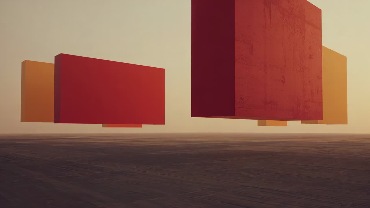 Panning camera exposing large red block sliding left on textured plain, with red and orange blocks