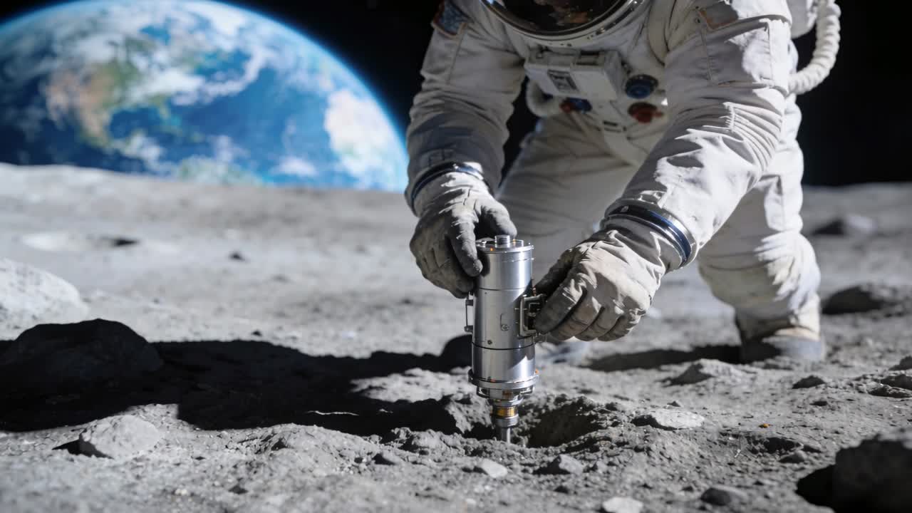 Selezione del sito, astronauta in tuta bianca che esegue carotaggi sulla pianura lunare, campionando il suolo con la Terra all'orizzonte.