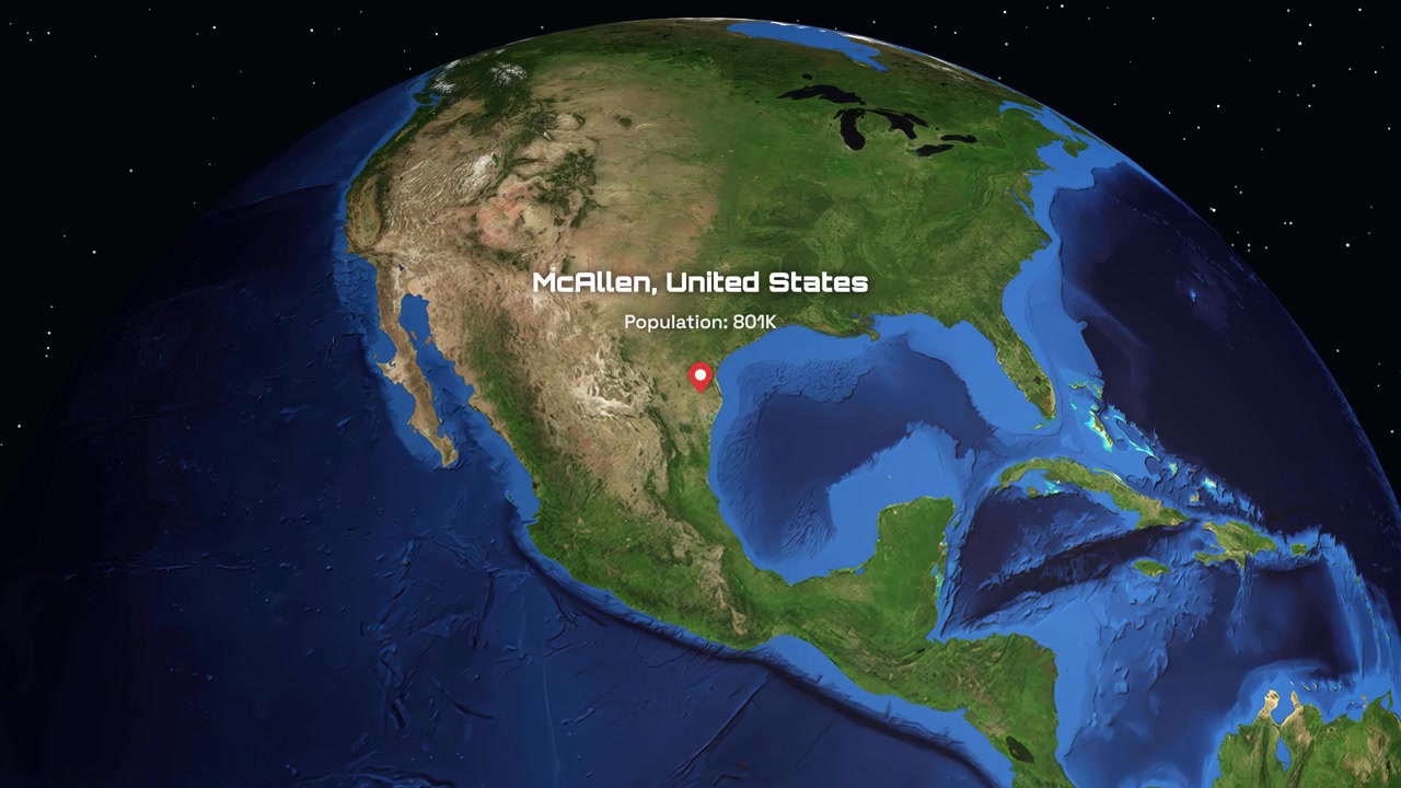 A digital animation zooms from space into McAllen, Texas, displaying local population data statistics