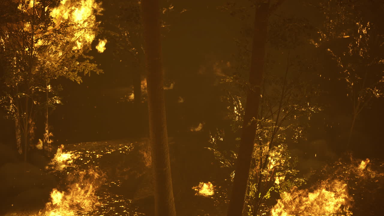 Fires raging through a dense forest during a dark evening in the summer