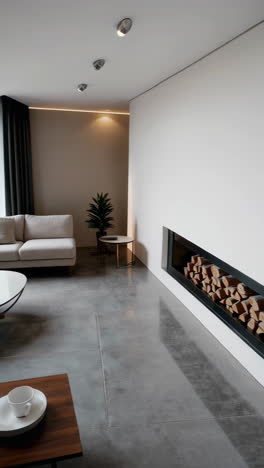 modern living room with fireplace and concrete floor