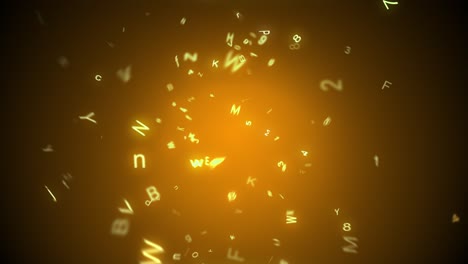animation of floating english letters and numbers. the background color is yellow. the lens is rotating.