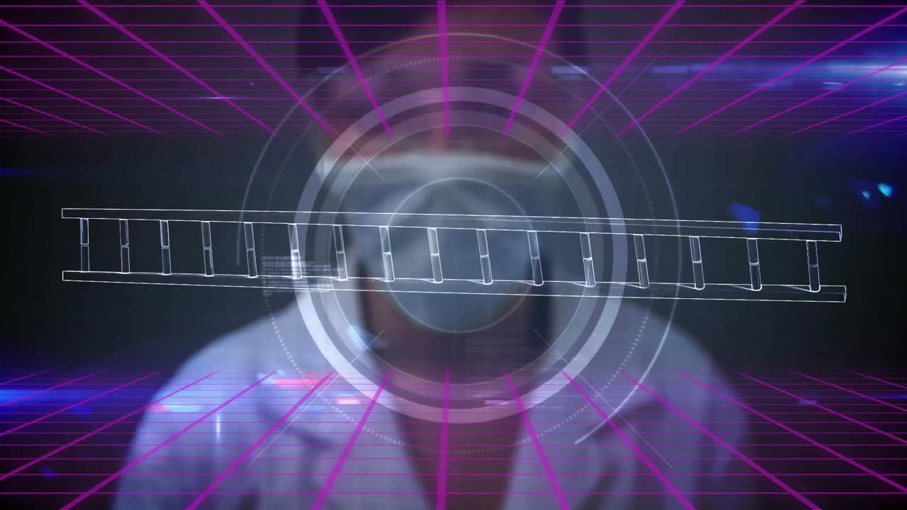 In laboratory, person analyzing futuristic DNA strand animation on screen