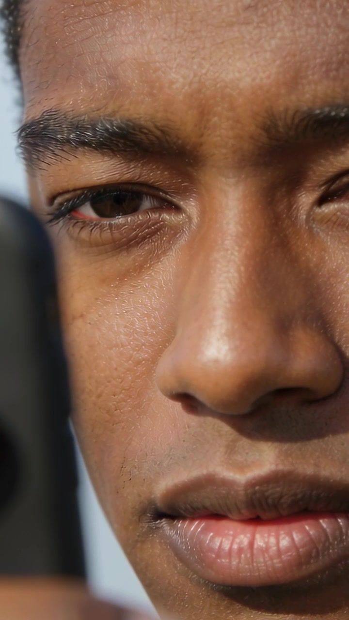 Vertical video: Bringing smartphone into view, teen male frowning and checking message outside