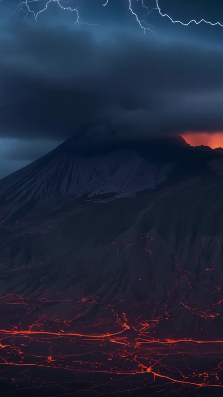 Vertical video: Volcano peak pulsing lava veins amid storm clouds, lightning revealing ash plume