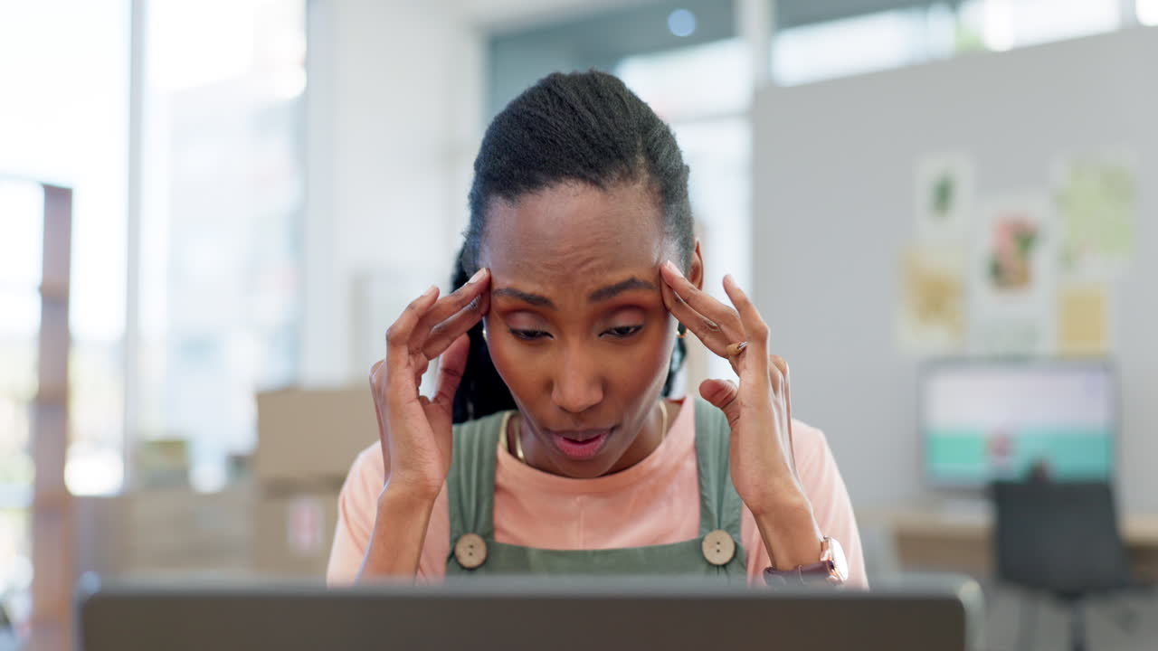 Woman, headache and stress for e commerce