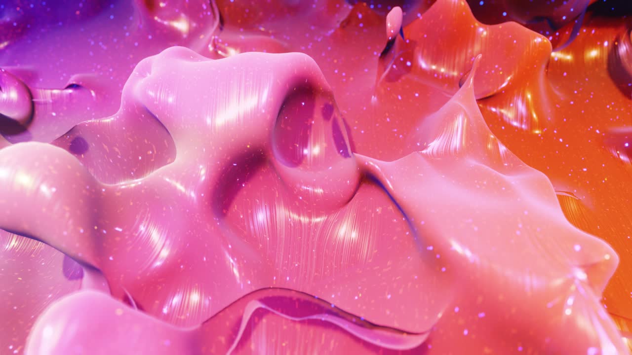 Animazione astratta fluida di gradiente liquido rosso viola in 4k. Superficie di vernice lucida brillante come sfondo festivo astratto in loop. Scintillii su liquido viscoso con schizzi 3D sulla superficie come gocce
