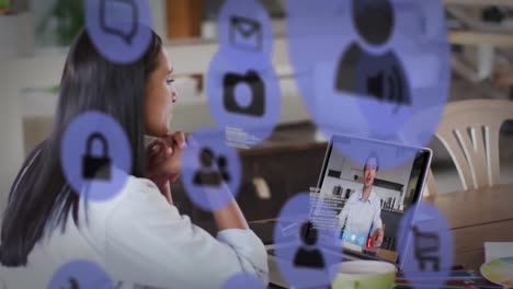 animación de la red de conexiones con iconos sobre la mujer usando computadora portátil