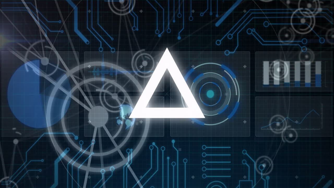 Animation of glowing geometric shapes and circuit patterns in futuristic tech design