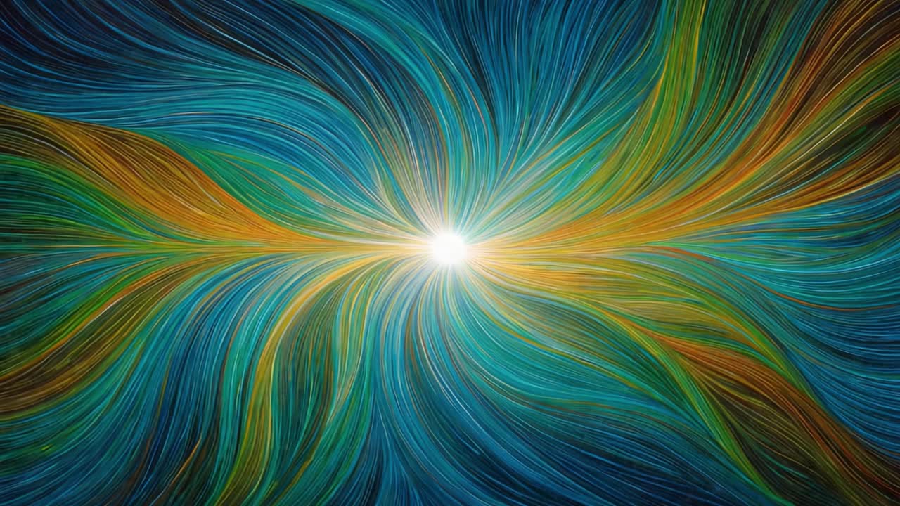 Luminous abstract background showing colorful energy lines and particles converging towards a central point of light, creating a mesmerizing and dynamic flow of teal, gold, and green