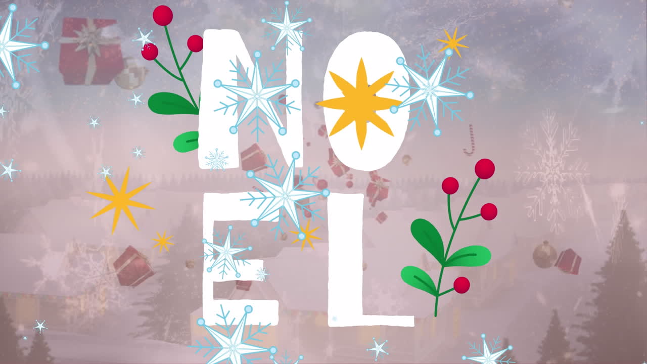 animación de copos de nieve y regalos de navidad que caen sobre la pancarta de texto de noel contra el paisaje de invierno.