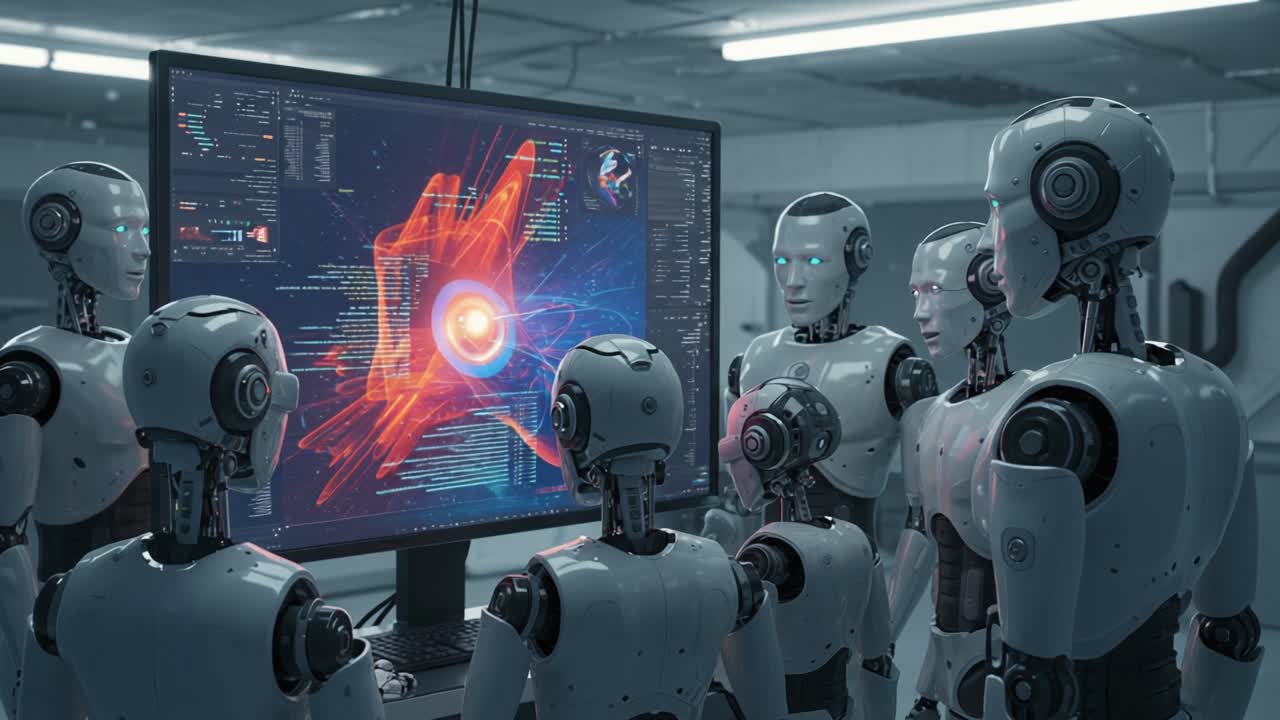 A group of futuristic robots attentively observing a high-tech interface display that showcases dynamic data visualization and advanced graphics in a modern digital environment