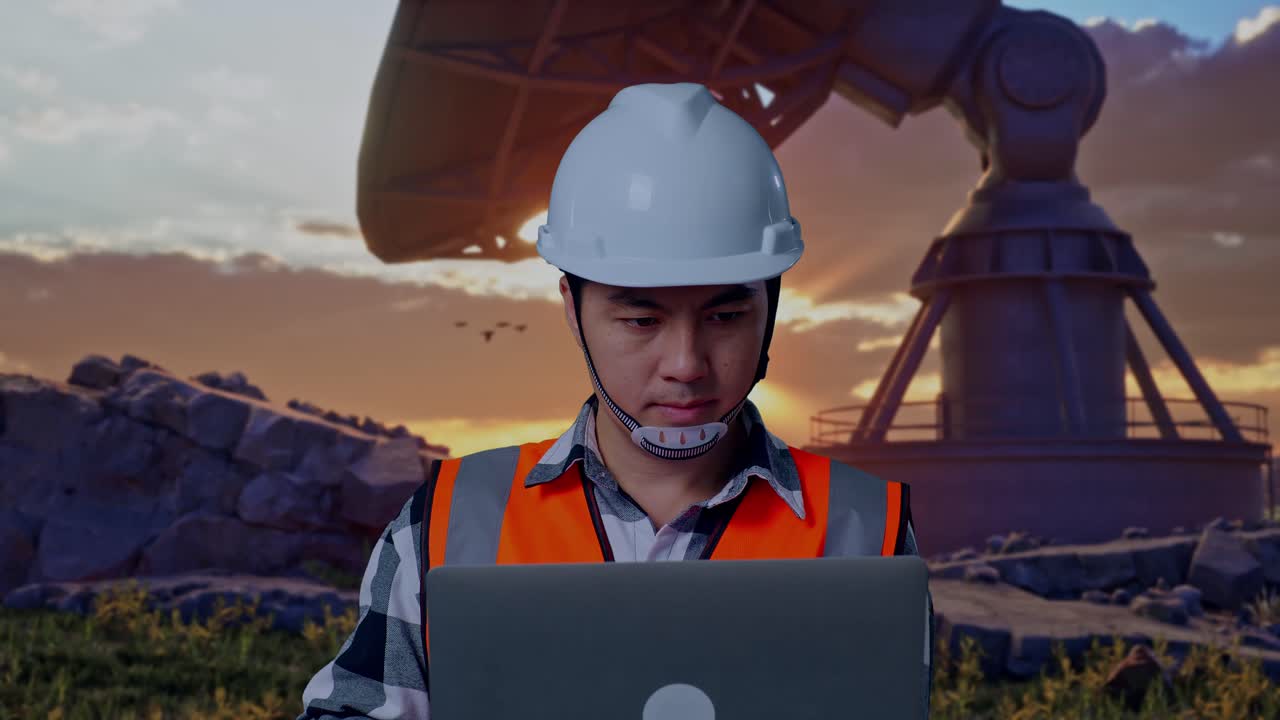 Close Up Of Asian Male Engineer With Safety Helmet Working On A Laptop While Standing With Large Satellite Dish