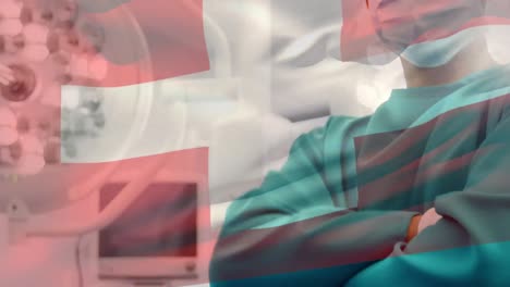 Animation-Der-Flagge-Der-Schweiz,-Die-über-Dem-Chirurgen-Im-Operationssaal-Weht