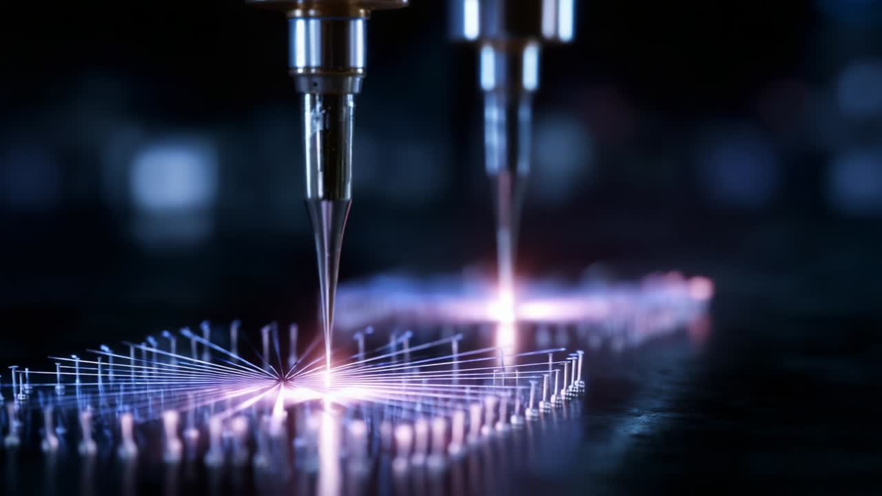 Innovative technology showcasing precision of laser cutting, illustrating the intricate process of creating complex designs through advanced equipment in a high-tech environment under low-light conditions