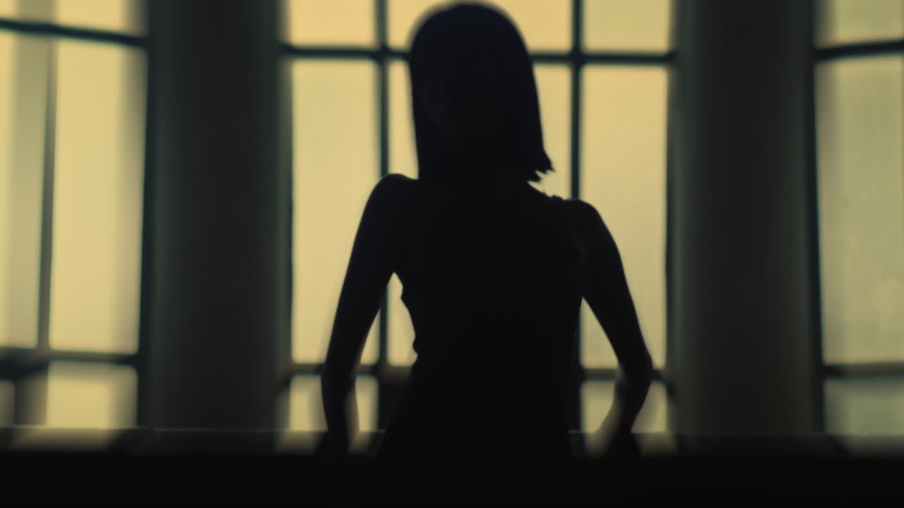 A Fashion Model's Silhouette Poses in a Softly Lit Room - Pullback Shot