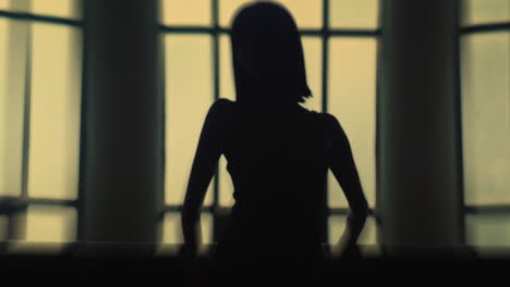 a fashion model's silhouette poses in a softly lit room - pullback shot