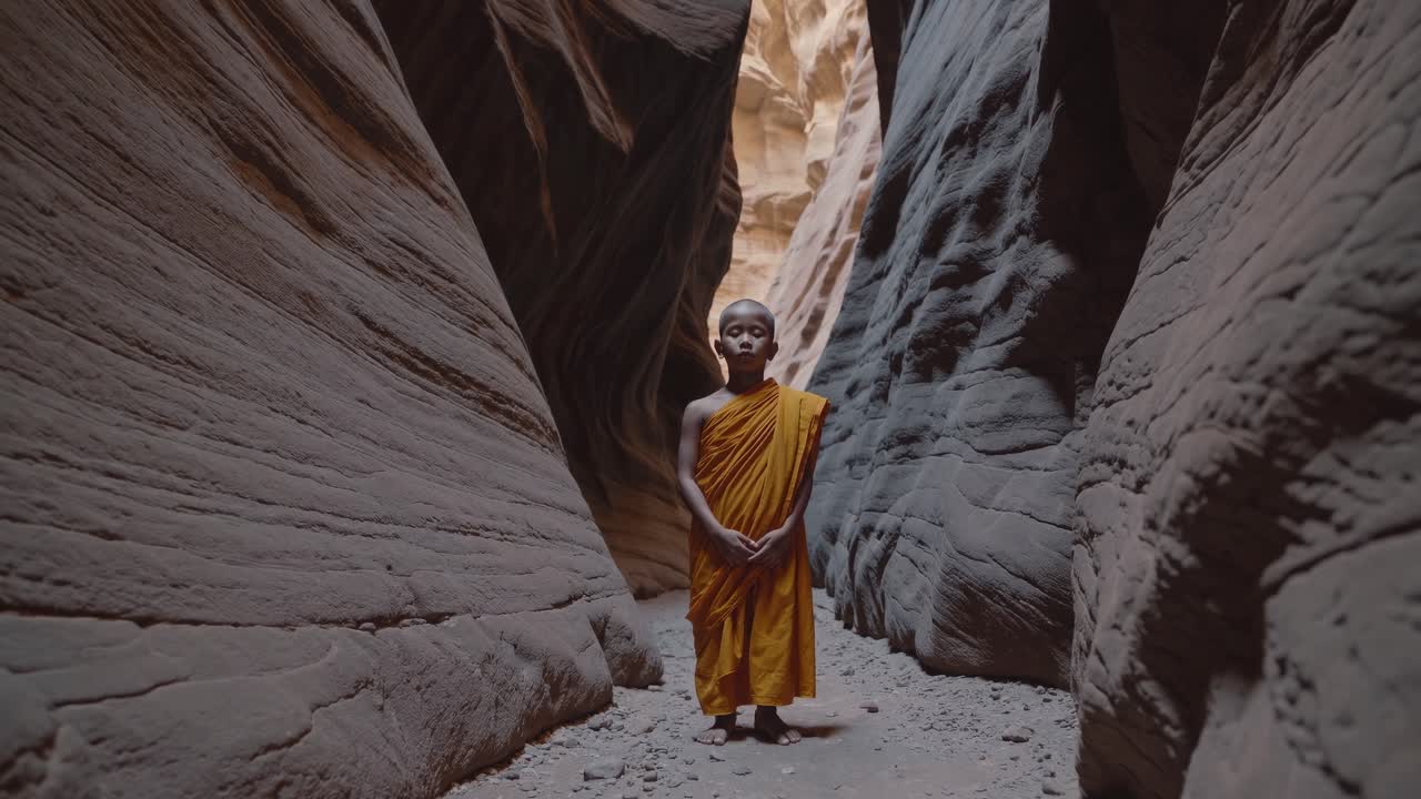 Young Buddhist monk wearing orange robes meditates serenely in a narrow sandstone canyon, daylight filtering in from above, creating a peaceful and spiritual atmosphere