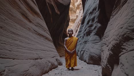 young buddhist monk wearing orange robes meditates serenely in a narrow sandstone canyon, daylight filtering in from above, creating a peaceful and spiritual atmosphere