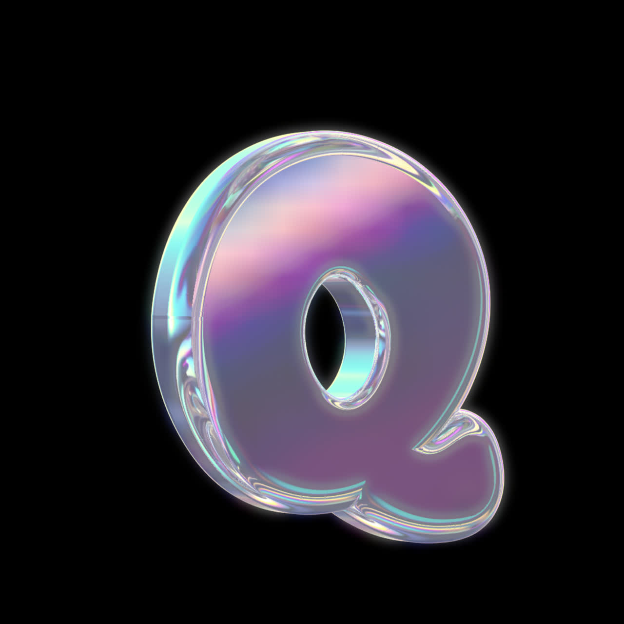 Lettera Q in vetro iridescente rotante su sfondo nero
