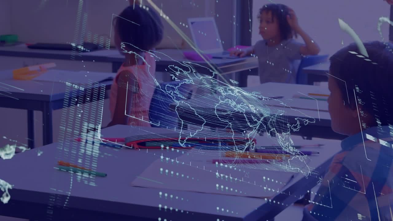 Animation of data processing over diverse schoolchildren in classroom