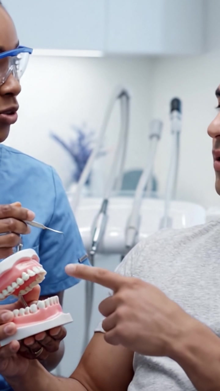 Consultazione odontoiatrica coinvolgente: un paziente osserva un dentista che illustra le tecniche di igiene orale con un modello dentale per un'efficace educazione del paziente