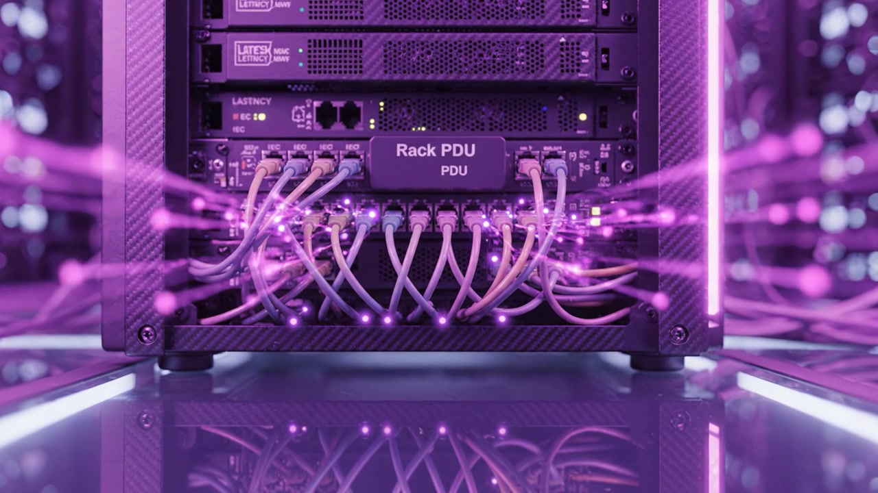 High-Tech Data Center Rack: Sleek Server with Connectivity Cables, Illuminated in a Purple Glow, Showcasing Modern Network Infrastructure and Reliability