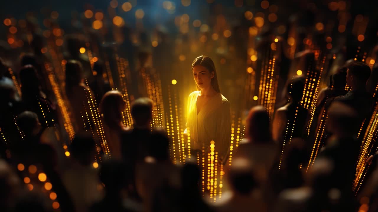 A solitary figure surrounded by an anonymous crowd, illuminated by glowing golden lights, creates a captivating atmosphere that highlights individuality amidst a sea of faceless observers in this stunning visual composition