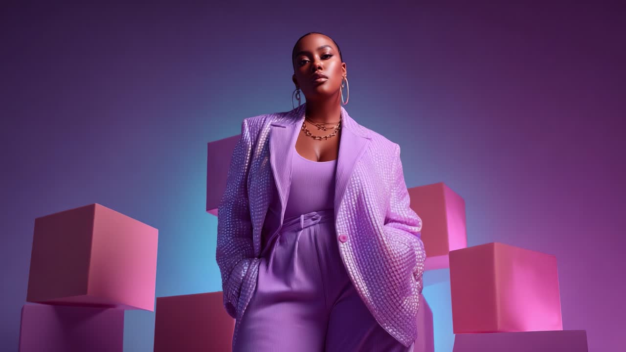 A Stunning Fashion Moment: A Confident Model Showcases Stylish Violet Attire Amidst Playful Pink Cubes in a Vibrant Background Bathed in Striking Lighting Effects