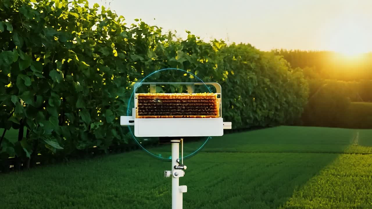 해가 지는 동안 들판 에 있는 벌집