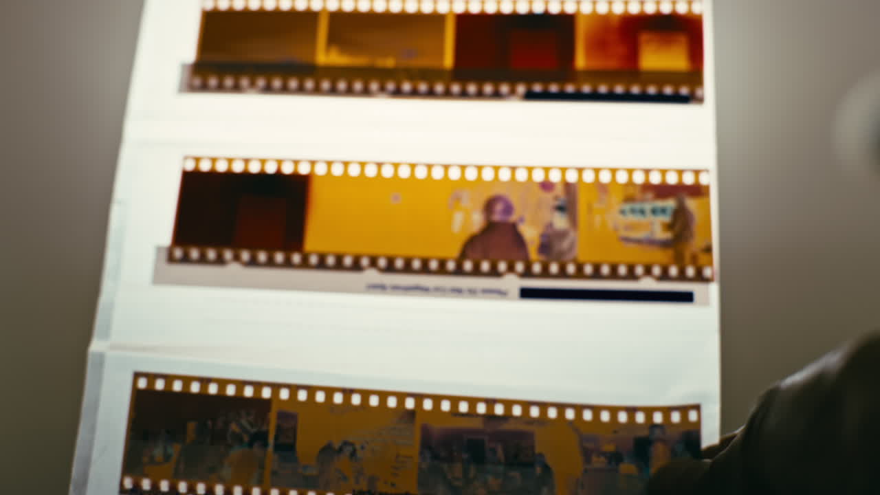 Close-up of a man's hand holding 35mm film negatives in a protective sleeve. Vintage analog photography concept, symbolizing archiving, nostalgia, and the timeless process of capturing memories