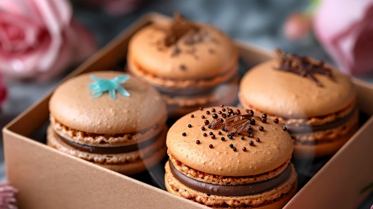 Delicious chocolate macarons on display. A chocolate macaron hovers above others in a box, with soft pink flowers adding elegance