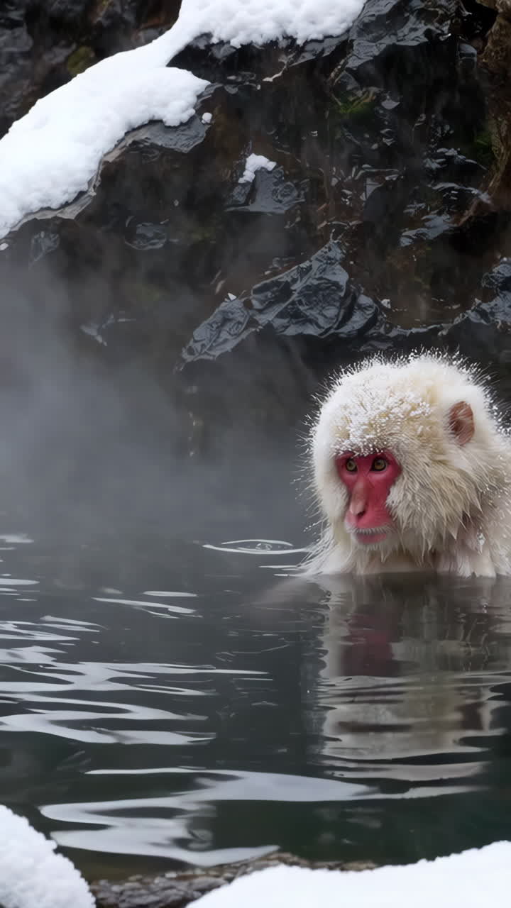 ลิงหิมะแช่ในบ่อน้ำพุร้อน