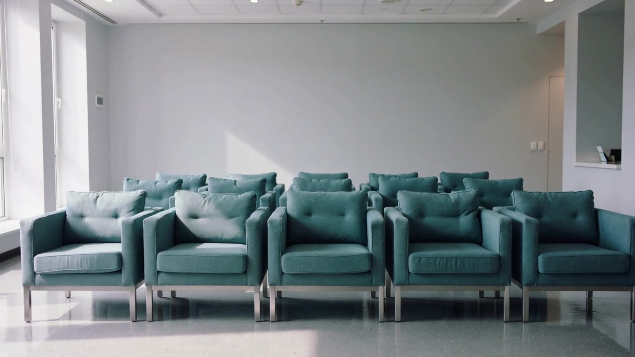 Pulling camera back revealing teal upholstered armchairs in modern reception, showing full layout
