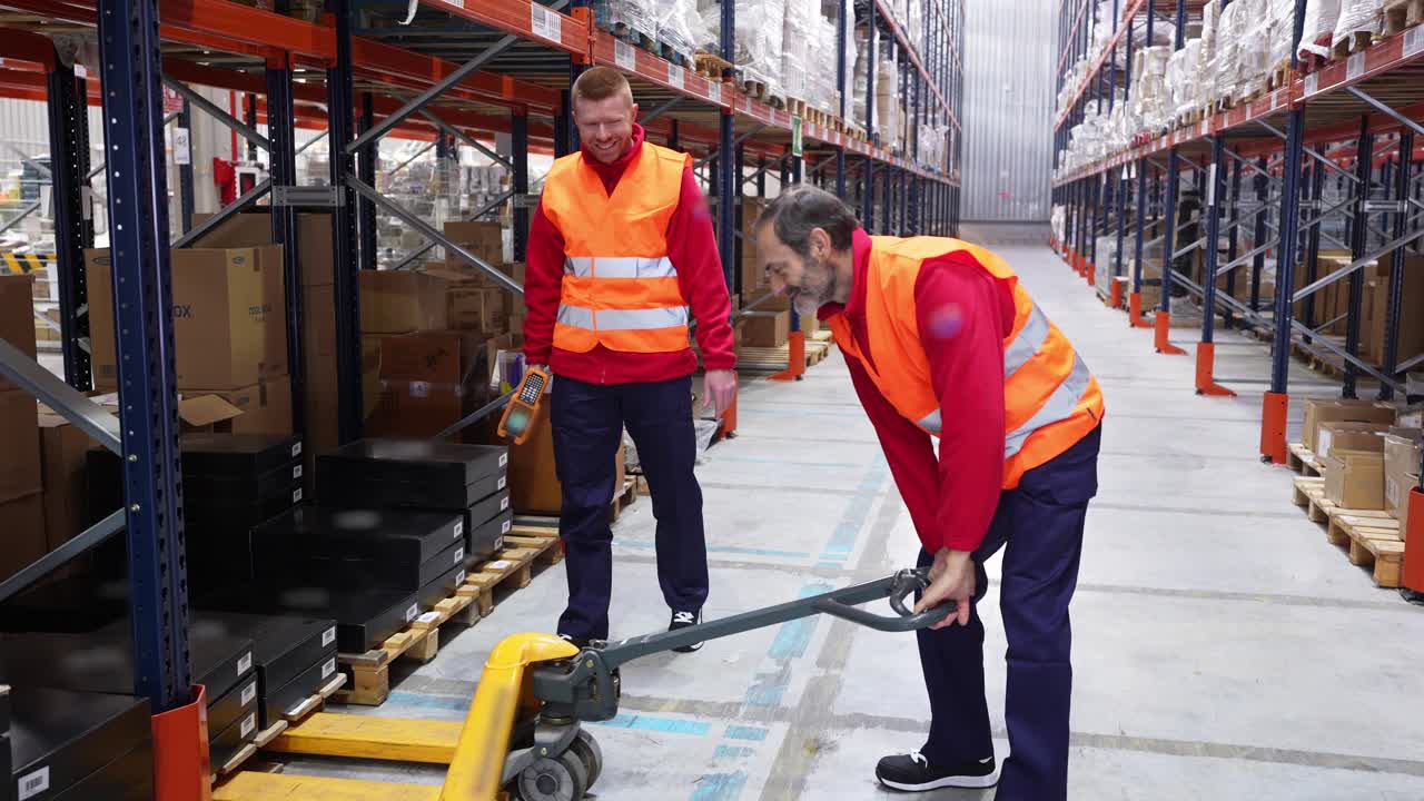 Warehouse Workers Operating Pallet Jack