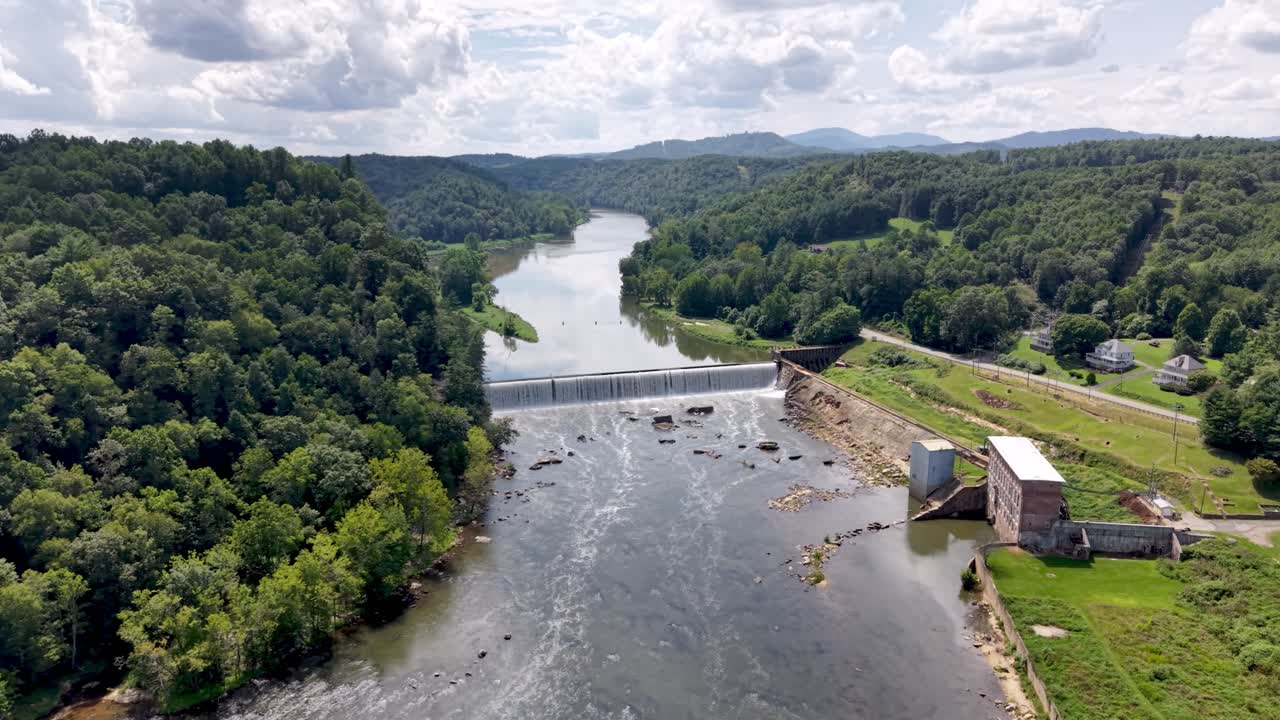 aerial over dam and old mill site in fries virginia