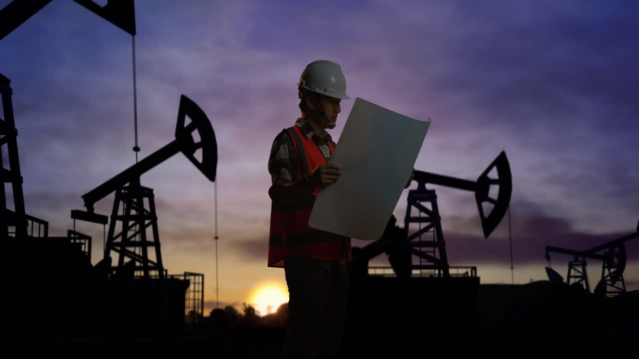 vista lateral de un ingeniero masculino asiático con casco de seguridad mirando el plano en sus manos y mirando a su alrededor mientras está de pie frente a las bombas de petróleo, durante la puesta o salida del sol