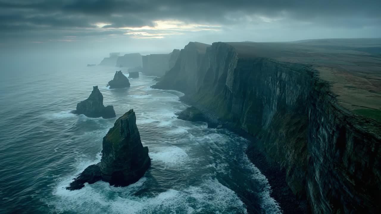 A Scenic View of Jagged Cliffs Rising Above a Churning Ocean, Emphasizing the Power of Nature and the Mystique of a Foggy Coastline at Dusk