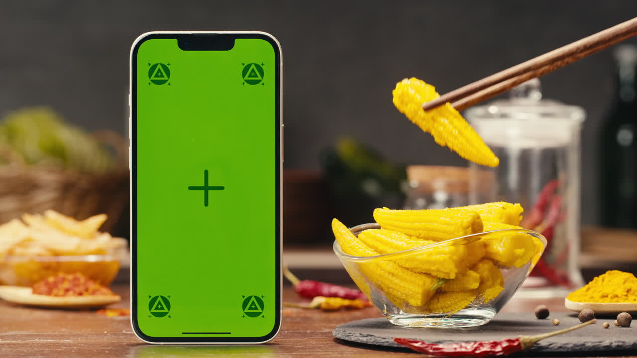 A green screen mobile phone, a portable communications device, is on a table next to a bowl of canned corn. The product is a useful gadget for telephony and communication. Fermented food served on table, mini corn, kimchi, eggplants, yellow cabbage