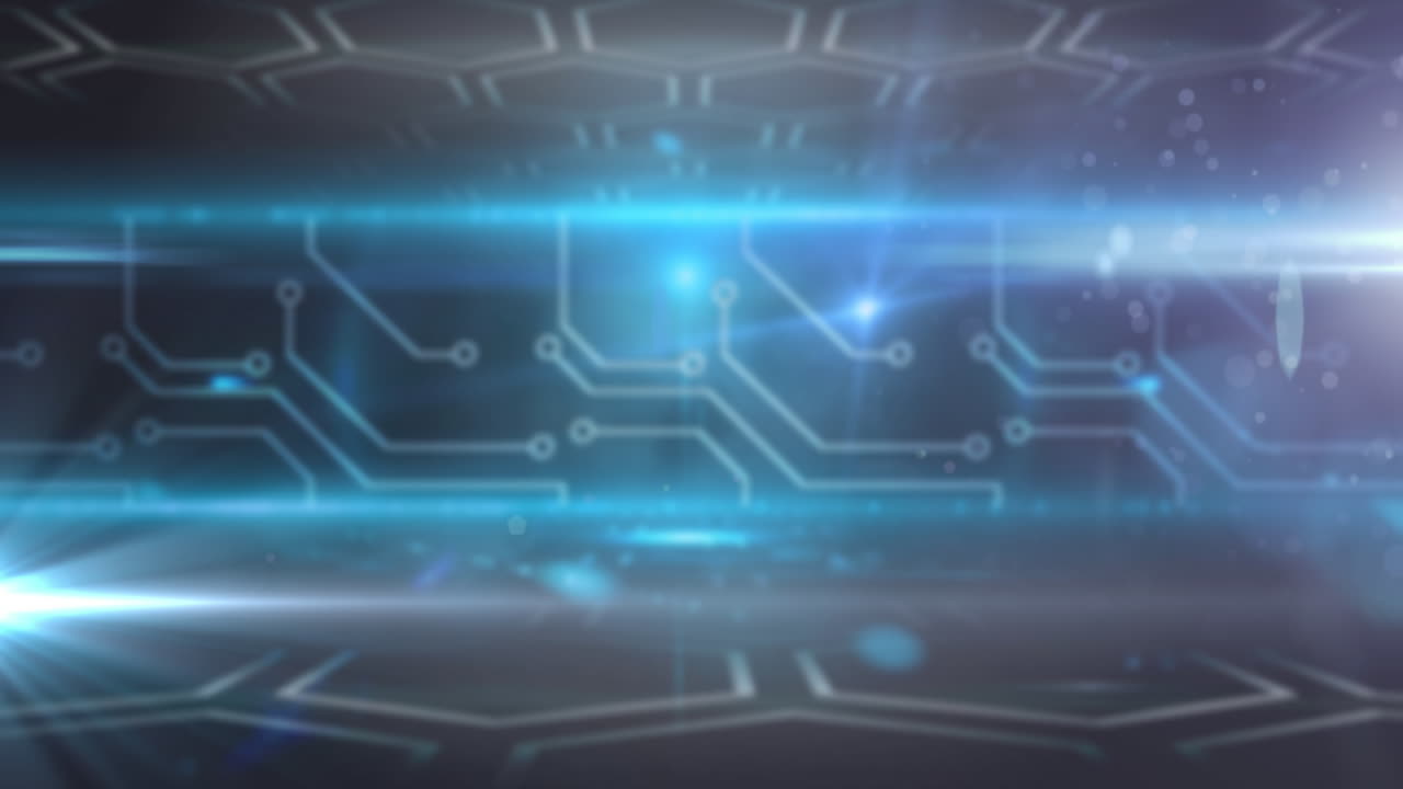 육각형의 네트워크와 반 ⁇ 이는 불빛으로 회로판 요소의 애니메이션