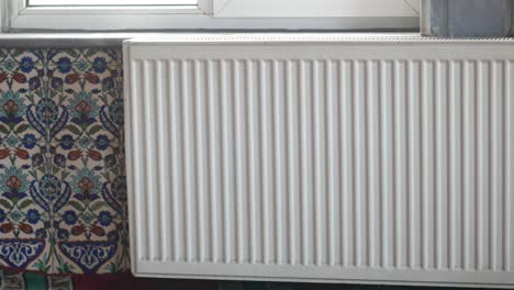 white radiator and decorative tiles in a room