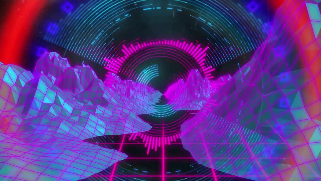 animación de formas caleidoscópicas en movimiento brillantes y paisajes sobre fondo negro